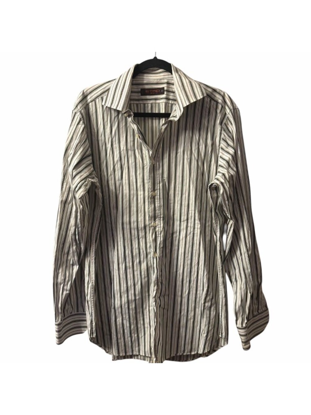 ETRO Milano Button Down Stripe and Dot Print Shirt 43 XL 17 Brown Green Italy